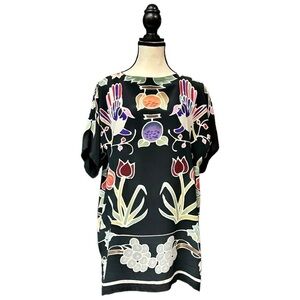 Vintage Art Waves Silk Floral Printed Tropical Bird Tunic, Oversized Small